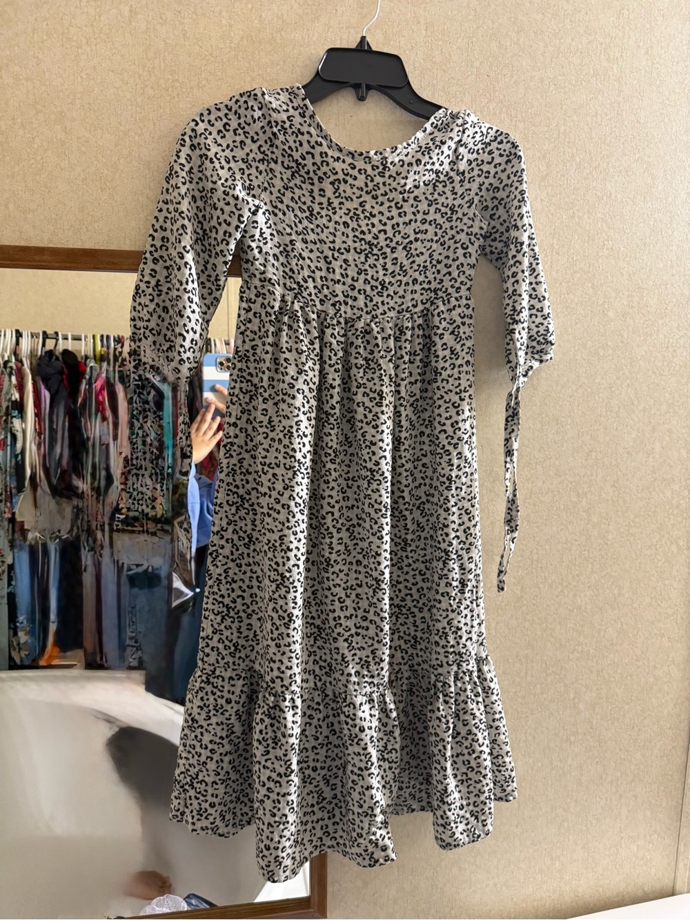 SHEIN Black and White Leopard Print Long Sleeve Ruffled Hem Dress